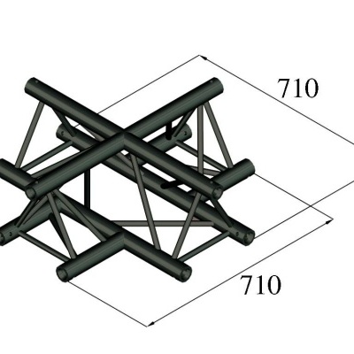 Estrutura metálica tubular preta em forma de cruz com barras diagonais, dimensões 710x710.