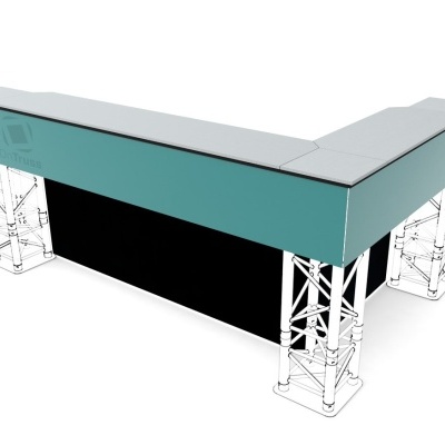 Balcão em L com tampo cinzento e corpo verde azul. 