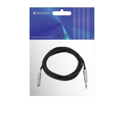 Cabo de áudio preto com conectores metálicos embalado