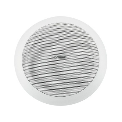 Coluna de teto redonda branca com grelha metálica e logótipo Bose