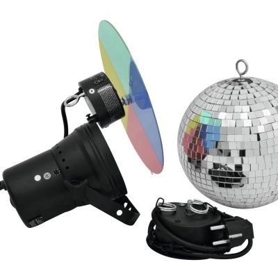 Conjunto de iluminação para festas com refletor preto e bola espelhada prateada