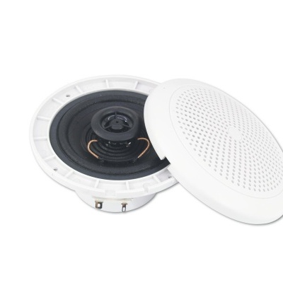 Coluna de som redonda com grelha branca perfurada e altifalante preto