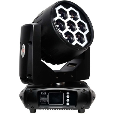 Luz LED profissional para palcos com 7 lentes hexagonais e visor de controlo.