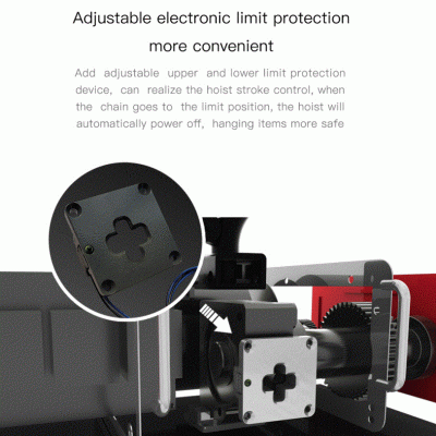 Proteção eletrónica ajustável para limite de elevação com peças metálicas e padrão em cruz