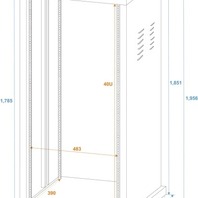 Armário metálico branco para servidores com rodas e dimensões técnicas