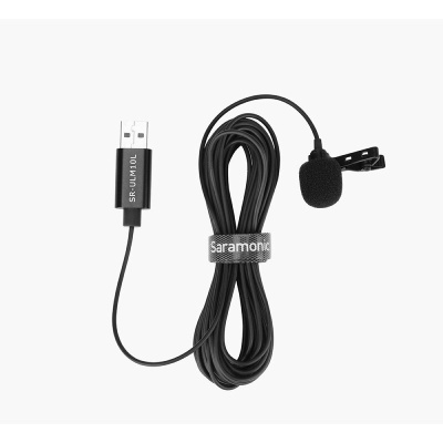 Microfone lapela USB Saramonic preto com cabo e clipe