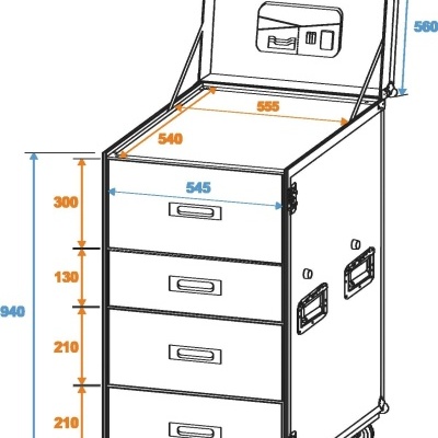 Diagrama técnico de armário móvel com rodas e quatro gavetas, com medidas em milímetros.