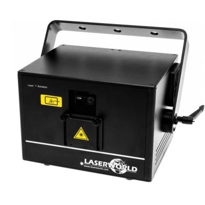 Projecionador laser preto com alça e etiquetas de aviso