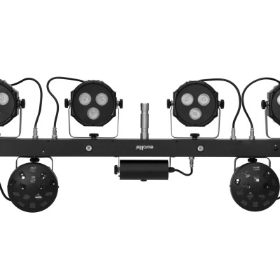 Sistema de iluminação LED com quatro focos e dois dispositivos circulares, suportados por uma barra preta