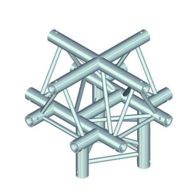 Estrutura metálica tubular prateada com barras de suporte em padrão triangular