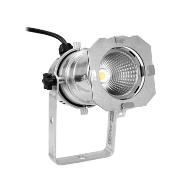 Refletor LED metálico prateado com suporte e cabo preto