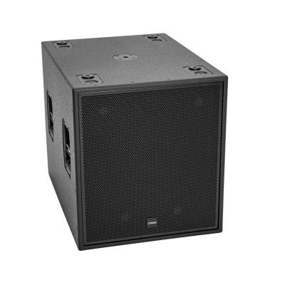 Caixa de som subwoofer preta com grelha metálica