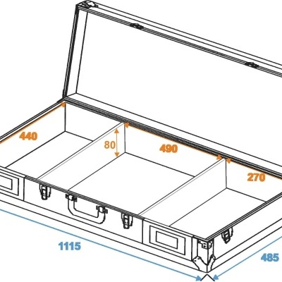 Mala de transporte retangular clara com tampa aberta e medidas anotadas.