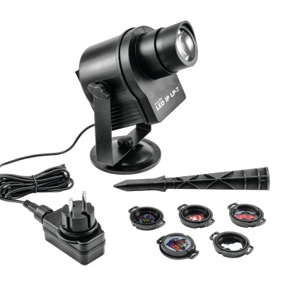 Projetor LED preto com suporte e cinco lentes coloridas