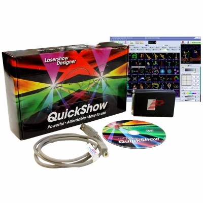 Kit software QuickShow Lasershow Designer com caixa, CD, cabo USB e dispositivo preto