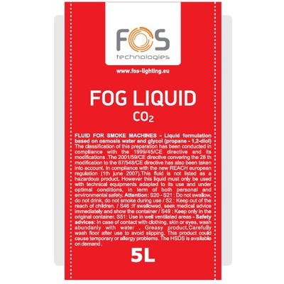 Etiqueta vermelha de 5 litros para líquido de máquina de fumo CO2 da marca FOS Technologies.