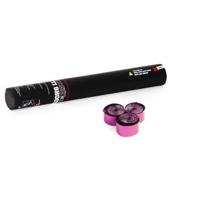 Frasco cilíndrico preto com três rolos cor-de-rosa ao lado