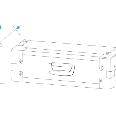 Desenho técnico de uma caixa retangular com pega e cantos reforçados.