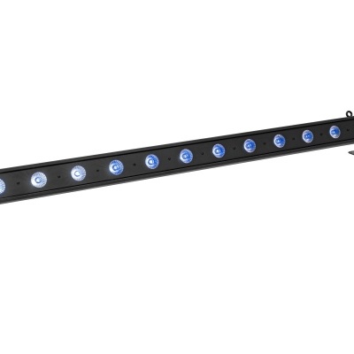 Barra de luz led preta com 12 focos azuis e suportes laterais