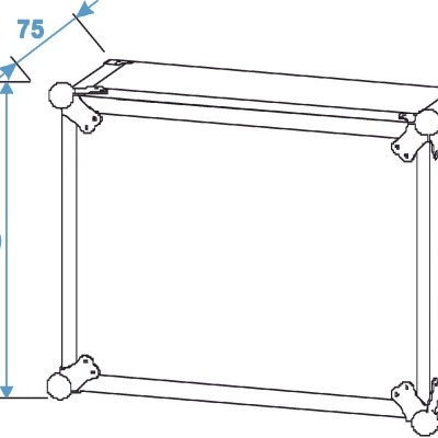 Desenho técnico de mala retangular branca com cantos reforçados e fechos metálicos