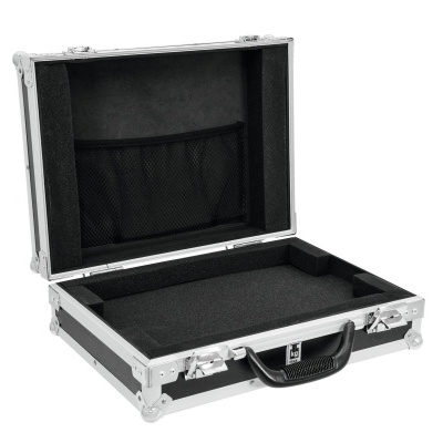 Mala de transporte tipo estojo aberta com interior acolchoado preto