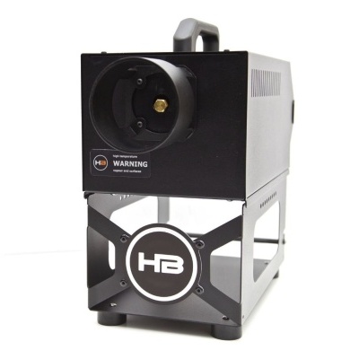 Máquina preta metálica com logo HB e aviso WARNING