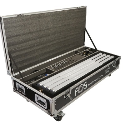 Estojo profissional preto com lâmpadas fluorescentes brancas e texto FOS PROFESSIONAL LIGHTING