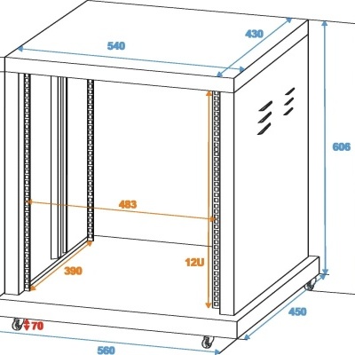 Desenho técnico de armário de servidor branco com dimensões e rodas