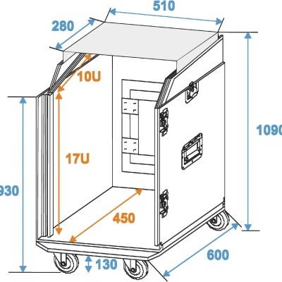 Ilustração técnica de armário móvel com rodas e fechos, dimensões e marcações 10U e 17U