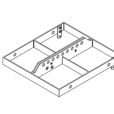 Estrutura metálica quadrada com divisórias e furos circulares