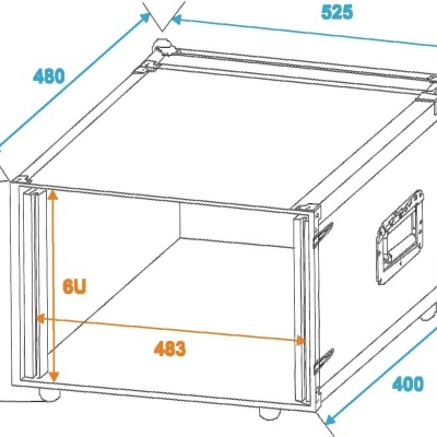 Desenho técnico de estojo de transporte retangular com dimensões e detalhes em azul e laranja