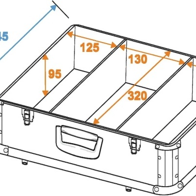 Caixa organizadora com quatro compartimentos e dimensões técnicas marcadas