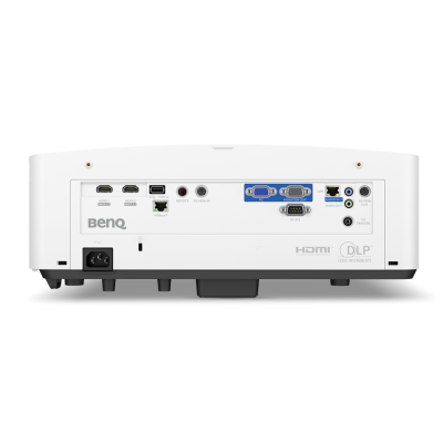 Parte traseira de projetor branco com portas HDMI, USB, Ethernet e VGA e etiquetas BenQ, HDMI, DLP