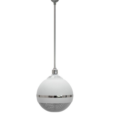 Lustre de tecto esfera branca com acabamento metálico e haste prateada