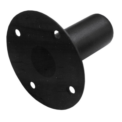 Suporte cilíndrico preto com base circular e quatro furos para fixação