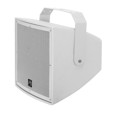 Coluna de som branca com grelha metálica e suporte