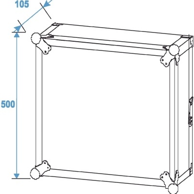 Desenho técnico de estrutura quadrada com conectores nos cantos e medidas 500 e 105