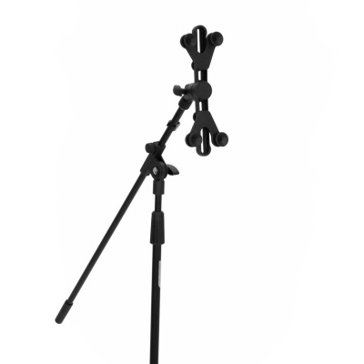 Suporte para microfone preto ajustável em fundo branco