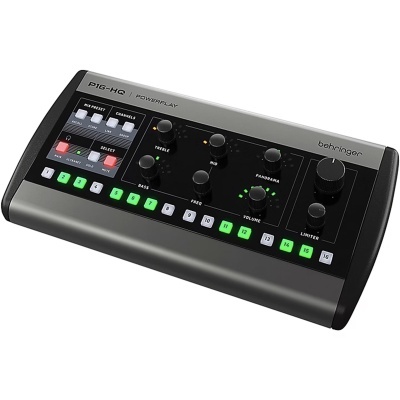 Interface de áudio preto e cinza Behringer P16-HQ Powerplay com botões e luzes LED