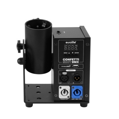 Máquina de confetti preta com painel frontal digital e conectores DMX