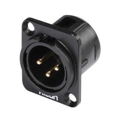 Conector elétrico XLR macho preto com 3 pinos dourados