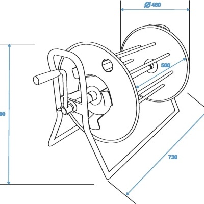 Desenho técnico de suporte para bobina de cabo com dimensões em milímetros.