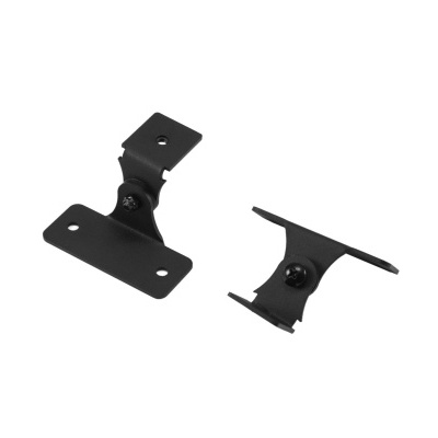 Par de suportes metálicos pretos com orifícios para parafusos