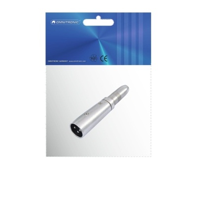 Adaptador metálico prateado com conetor XLR em embalagem de cartão e plástico azul e branco