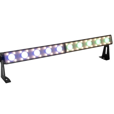 Projetor LED linear preto com LEDs azuis e verdes montado em suportes pretos