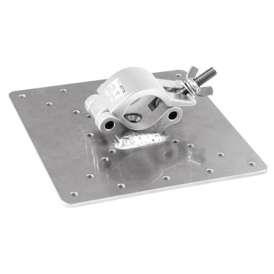 Suporte metálico prateado com base quadrada e grampo ajustável