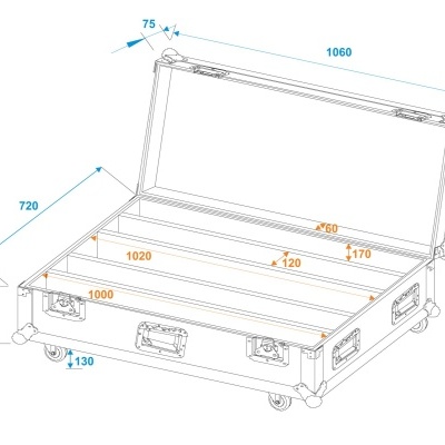 Mala de transporte aberta com dimensões técnicas e rodas