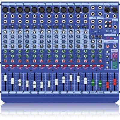 Mesa de mistura sonora azul DM16 IDDA com botões e faders