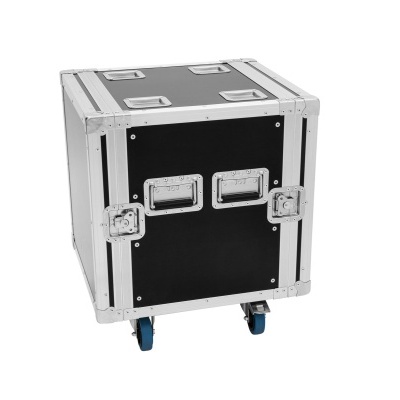 Mala de transporte preta com estrutura de metal prateado e rodas azuis