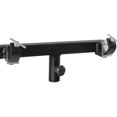 Suporte metálico preto com grampos ajustáveis para equipamentos